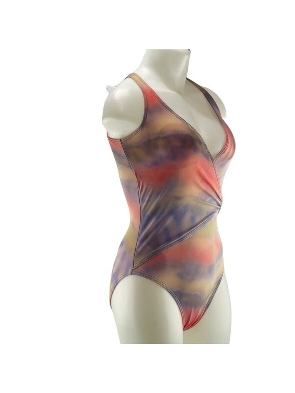 Tie-Dye One-Piece Swimsuit With Ring Detail & Deep V-Neck Multicolor Size 10 Wom - Picture 3 of 8